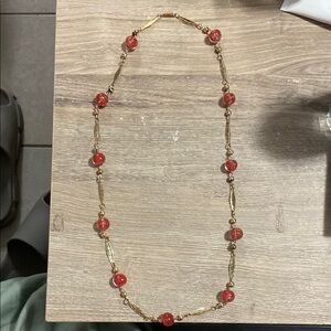 Vintage Elegant Gold Toned and Red Glass Beaded Necklace